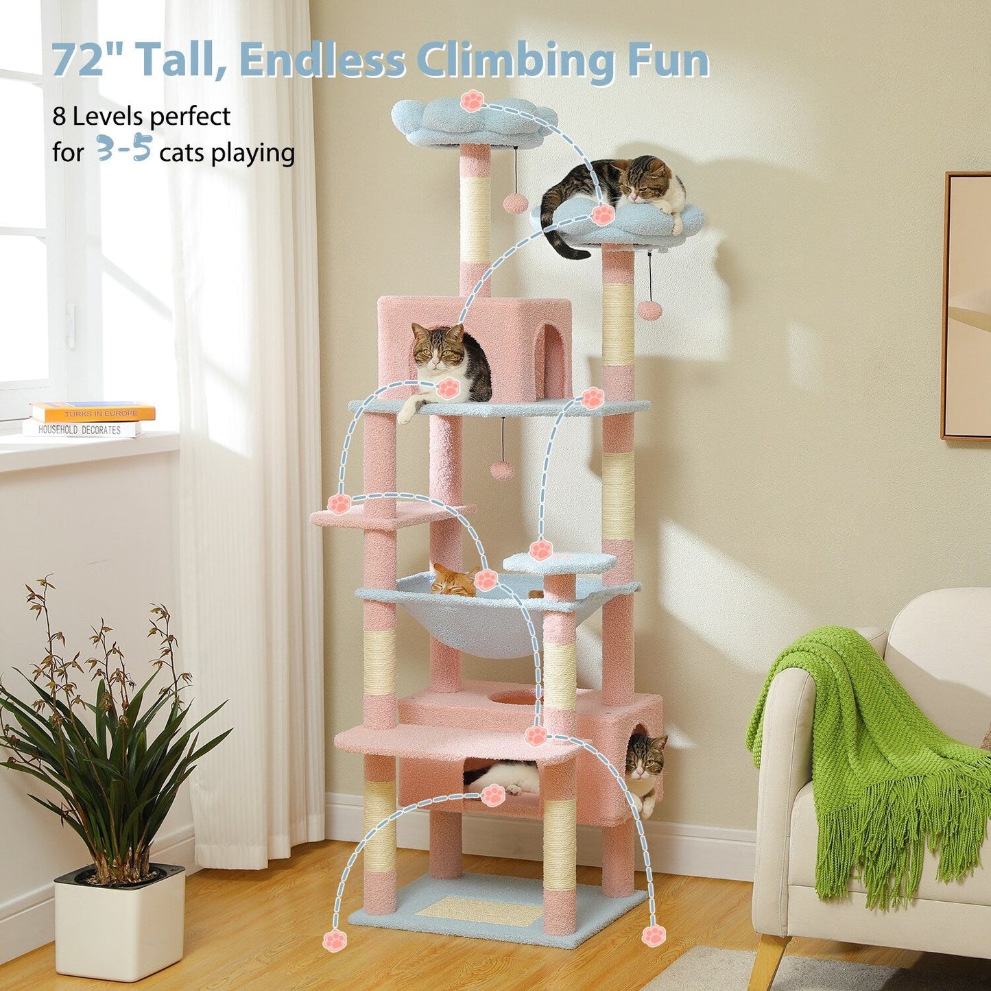 Large Cat Tower Cat Condo with Scratching Posts and Pads, 2 Padded Perch, Dual Condo and Basket