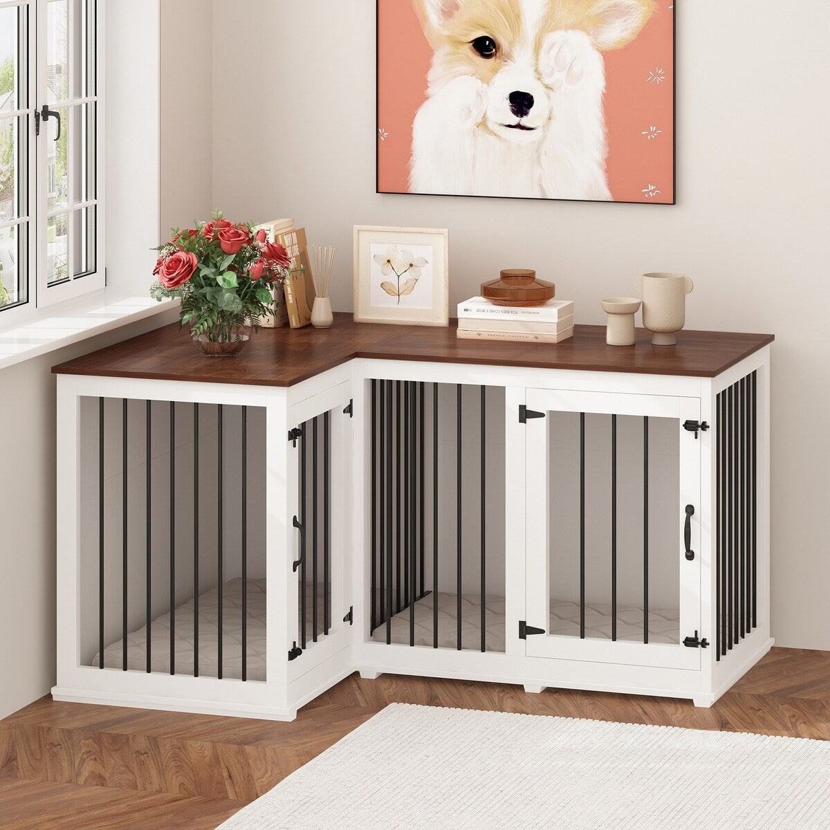 Large Corner Dog Crate Furniture for 2 Dogs, L Shape Dog Crate Cage - 58.7X41.1