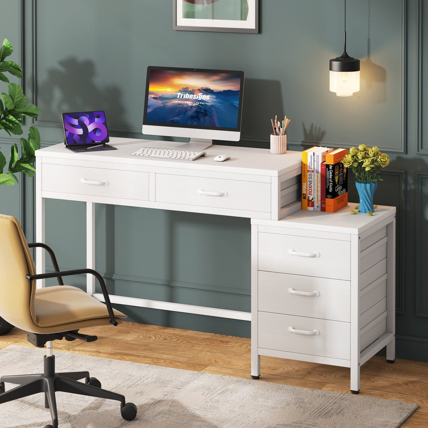 Reversible Computer Desk with 5 Drawers, Home Office Desk with File Cabinet Drawer Printer Stand