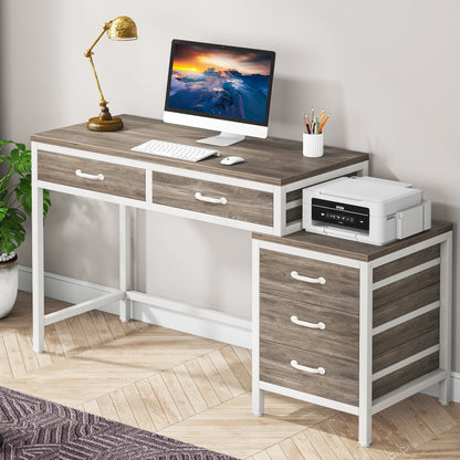 Reversible Computer Desk with 5 Drawers, Home Office Desk with File Cabinet Drawer Printer Stand