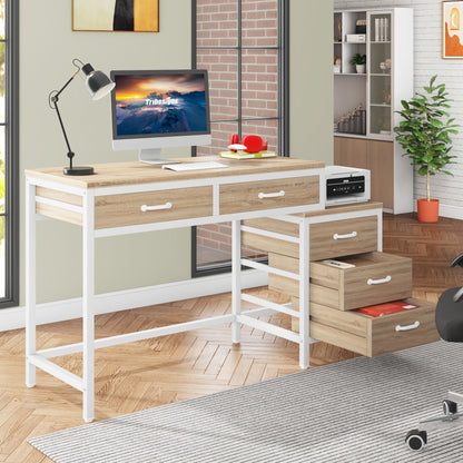 Reversible Computer Desk with 5 Drawers, Home Office Desk with File Cabinet Drawer Printer Stand