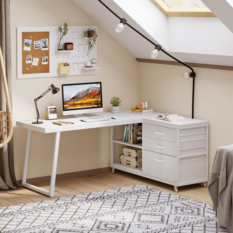 Reversible L Shaped Desk With File Drawers, Corner Computer Desk
