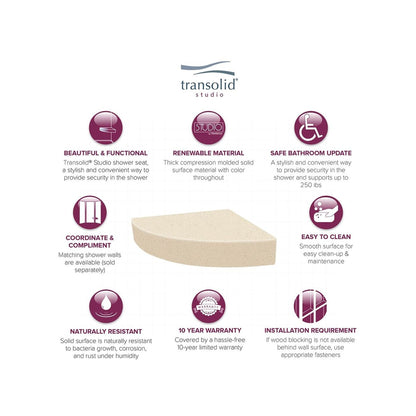 Transolid Studio 14-In X 14-In Solid Surface Wall-Mount Corner Shower Seat - 14.5 x 14.25 x 3