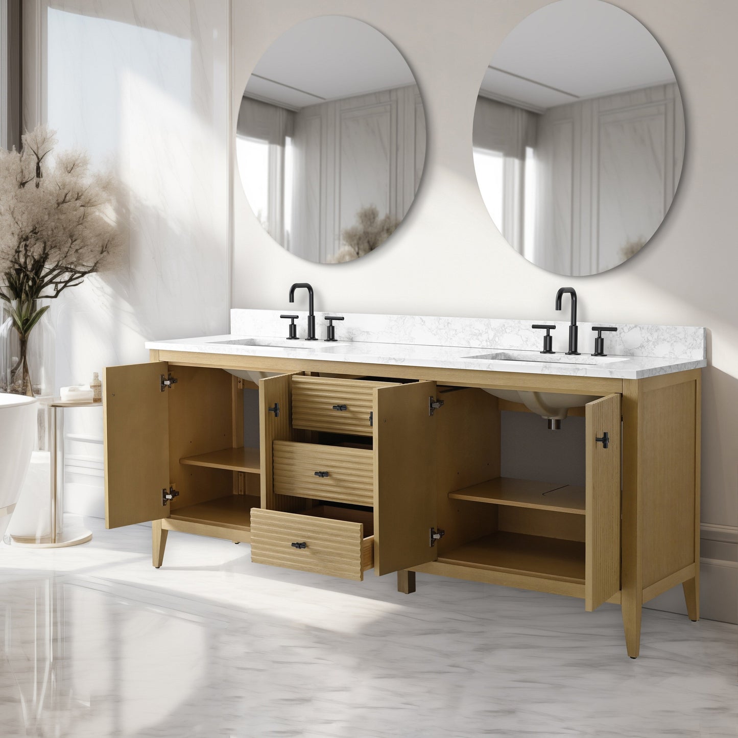 Vanity Art 72 Double Sink Bathroom Vanity Cabinet with Engineered Marble Top