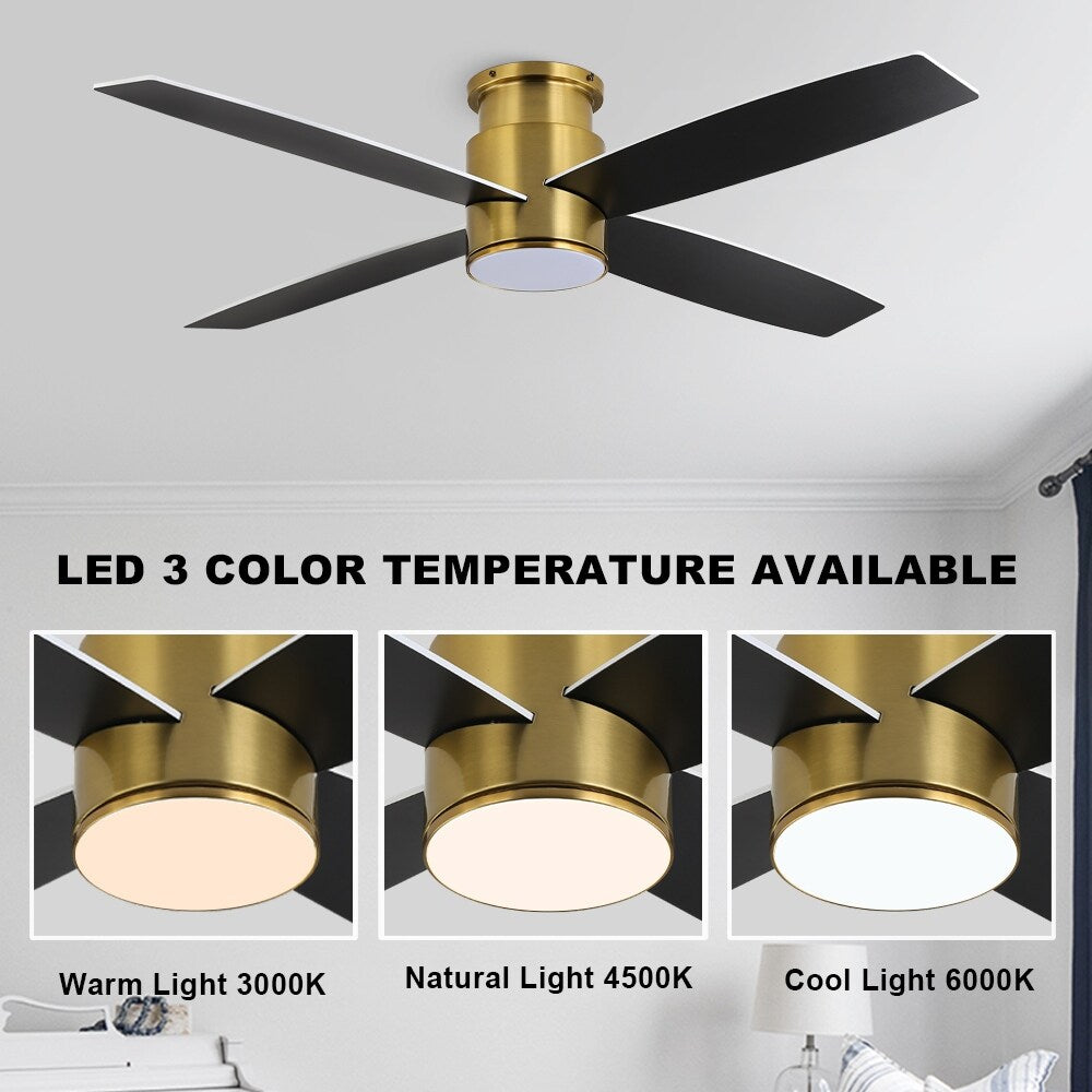 WINGBO 44/52 Inch Flush Mount DC Ceiling Fan with Lights and Remote, 4 Reversible Blades
