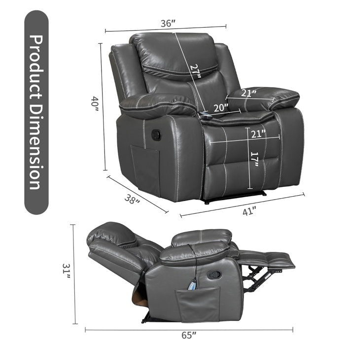 Wide Seat Durable Leather Massage and Heat Recliner