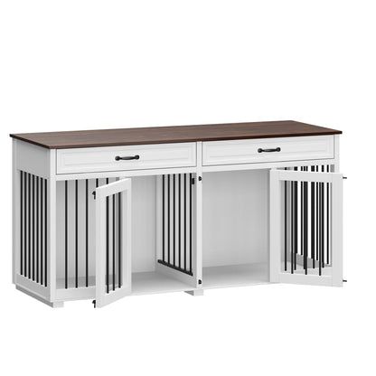Wooden Double Dog Crate Kennel Furniture with 2 Drawers & Divider